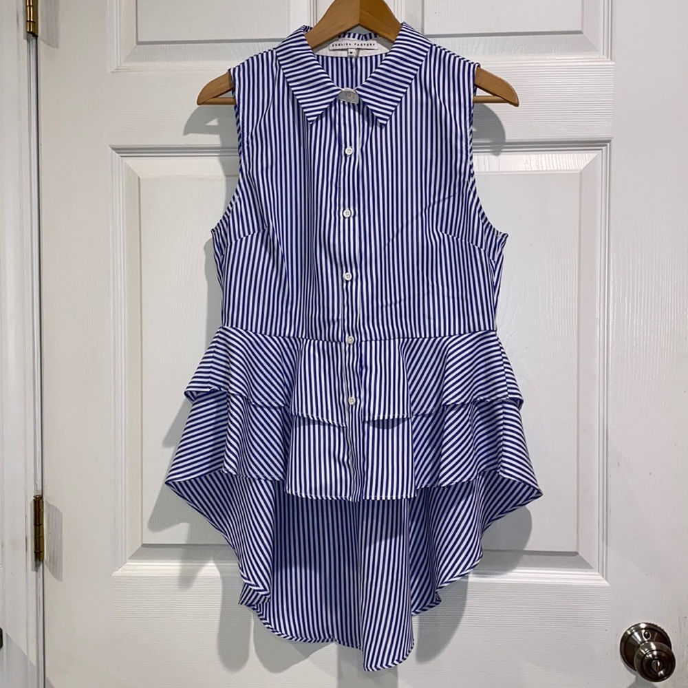 pinstripe high low sleeveless button down blouse